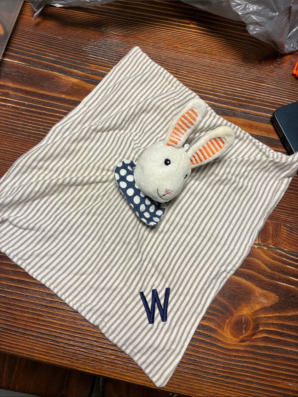 Monogrammed “W” Bunny lovey – White & gray Striped Kids Lovey